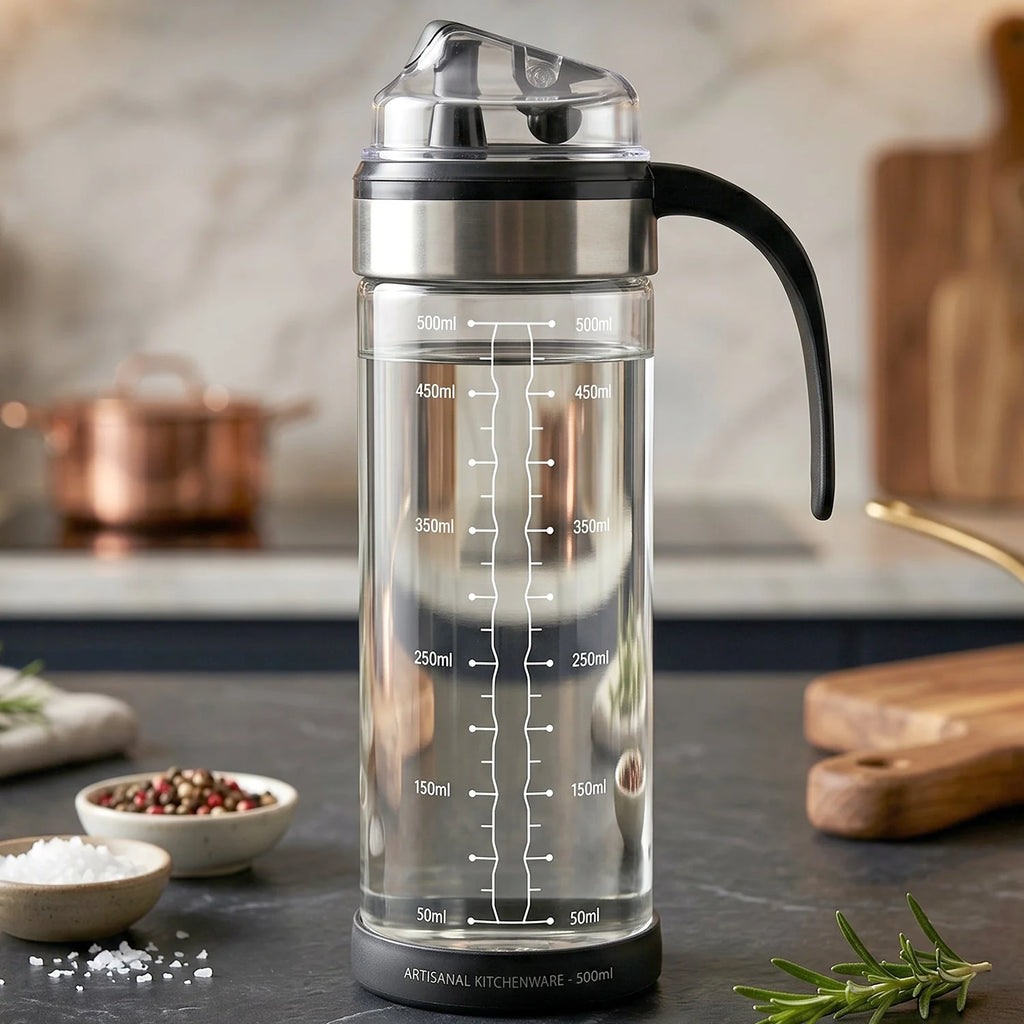 Glass Oil Dispenser Bottle With Handle And Auto Flip Lid For Kitchen (500 Ml)