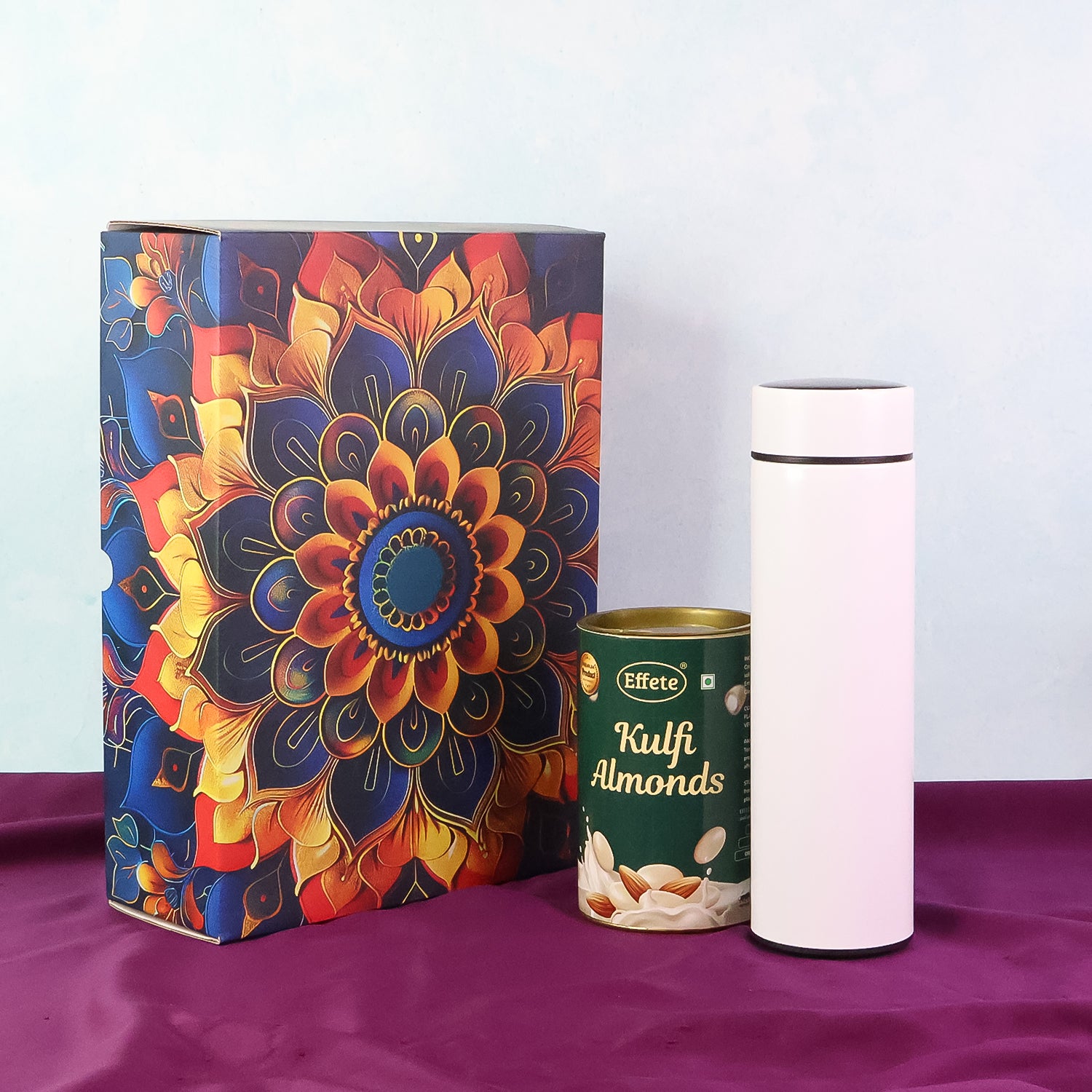 Effete Kulfi Almonds Gift Hamper Golden With Bottle (2 Pc Set)