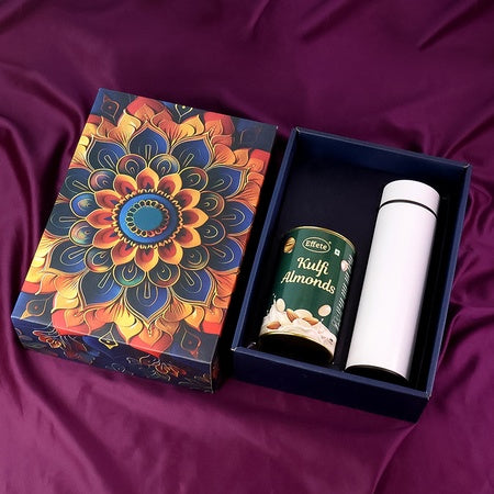 Effete Kulfi Almonds Gift Hamper Golden With Bottle (2 Pc Set)