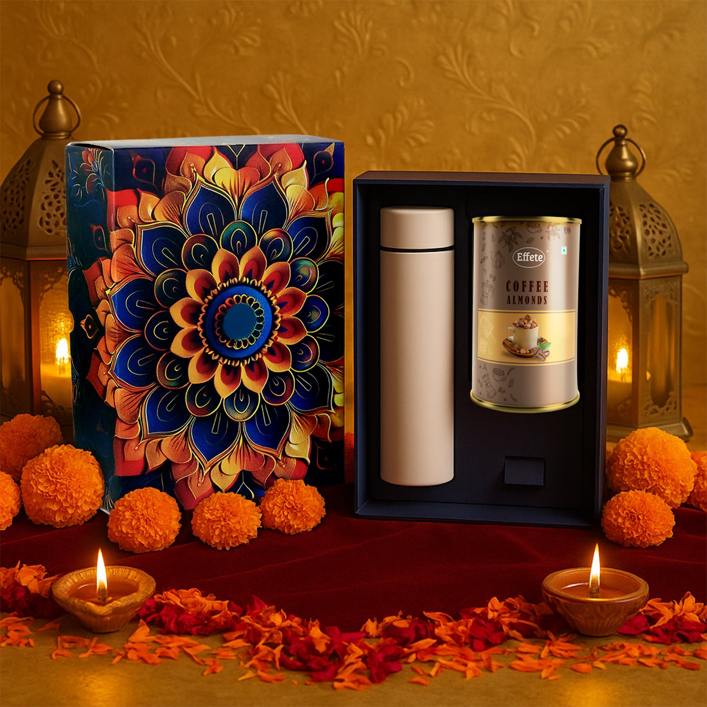 Effete Coffee Almonds Gift Hamper Golden With Bottle (2 Pc Set)