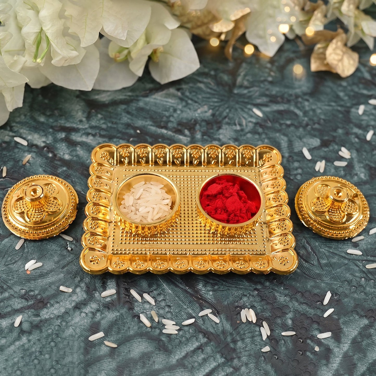 Kumkum Holder  Elegant Golden Floral Pooja Accessories