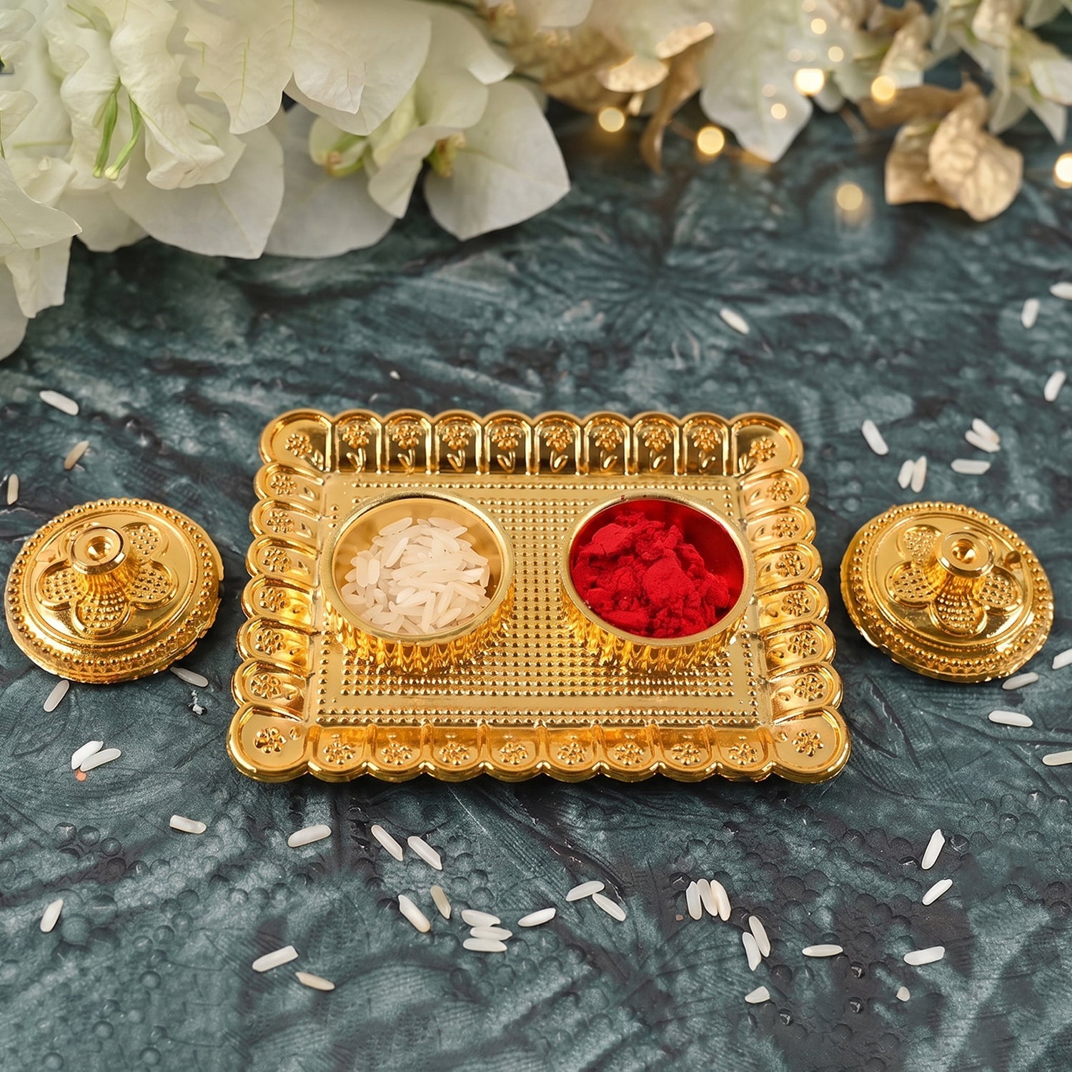 Kumkum Holder  Elegant Golden Floral Pooja Accessories